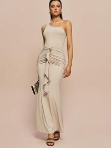 Olia Maree Women's Elegant Beige Summer One Shoulder Maxi Dress, Bodycon Ruched Waist Design With Metal Ring Decor,Formal Long Dress For Day Party,Classic - Khaki - View 3