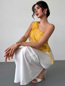 Firerie 女士不对称荷叶边无袖上衣，浪漫水母下摆不规则设计，适合约会之夜、波西米亚海滩度假、乡村音乐节、秋季、可爱风、仙女风、冬季、乡村音乐节、度假、春夏、优雅、通勤、约会、派对、音乐节、婚礼季、毕业典礼、演出、工作、返校、度假、波西米亚风、海滩等场合。 - 黃色 - 查看 6