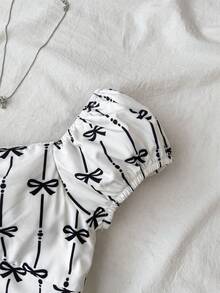 少女休闲度假舒适蝴蝶结印花短袖衬衫，夏季 - 杏色 - 查看 8