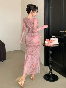 DAZY 春夏碎花透视网纱高开衩修身中长连衣裙，优雅百搭，适合情人节、婚礼、派对、通勤等场合。 - 粉色 - 查看 5