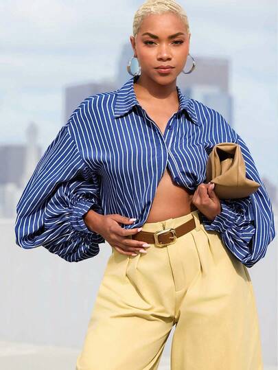 Vixey Stripe Pointed Collar Volume Balloon Sleeve Cropped Button Up Shirt