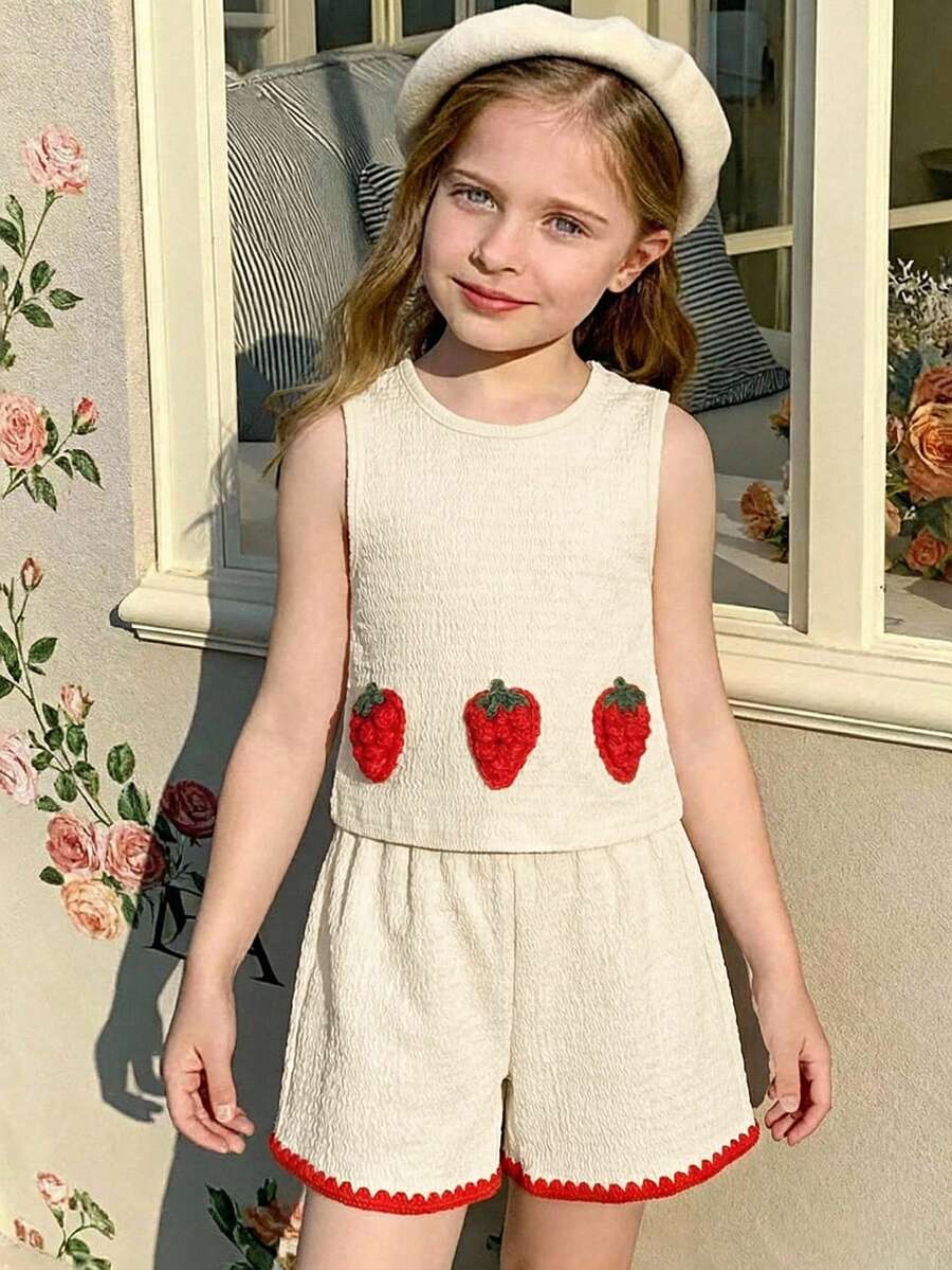 Elladie kids 春夏新款草莓刺绣吊带背心搭配同款弧形纹理红色背心短裤，可爱休闲度假套装 - 杏色 - 查看 1