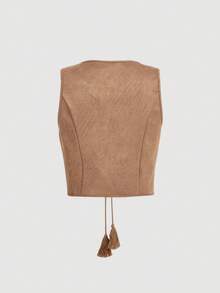 SHEIN MOD 女士波西米亚风70年代流苏无袖外套，秋季外套上衣，女士秋季夹克，西部夹克，牛仔夹克 - 卡其色 - 查看 2