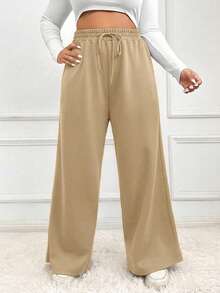 SHEIN EZwear 大码女式纯色抽绳腰休闲百搭日常阔腿运动裤 - 杏色 - 查看 5