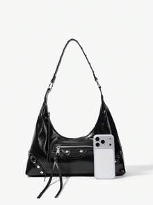 Viva Strut Ladies, Women Shoulder Bag, Hobo Bag, Fashionable, Personalized, Simple, Versatile, Street, Sweet And Cool Girls, Hot Girls,Y2k, Rivet, Motorcycle Style - Black - View 6