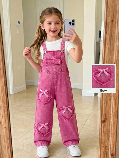 SHEIN Playful Pals Young Girls Casual Style Denim Bib Pants, Loose Straight Leg, Soft & Comfortable Fabric, Suitable For Spring, Summer, Autumn, Winter, Available In Rose Red With Heart Embroidery And Pink With Bow Design Girls Overall Jumpsuit