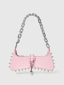 ROMWE Grunge Punk Women's Punk Edge Studded Shoulder Bag With Acrylic Chain Straps - Urban Streetwear Style Purse For Everyday Use,Suitable For Valentine's Day Dates - Baby Pink - View 7
