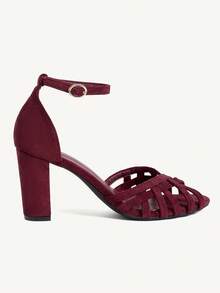 CUCCOO CHICEST 女士鞋履春夏新款镂空编织露趾圆头粗跟后跟带扣包8.5厘米女士高跟凉鞋绒面革纯色优雅百搭日常约会女鞋 - 酒紅色 - 查看 3
