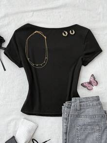 SHEIN 少女纯色圆领修身休闲短款短袖T恤 - 黑色 - 查看 2