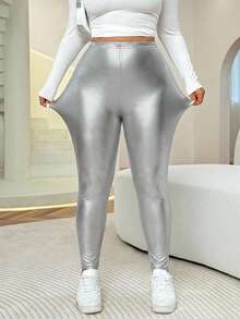 SHEIN EZwear 大码女式纯色休闲百搭日常穿着打底裤 - 銀色 - 查看 3