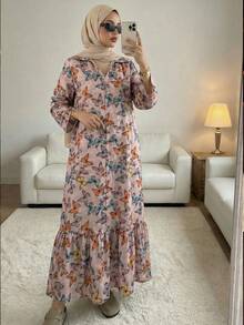 Yasmyna Women's Spring/Summer V-Neck Floral Print Ruffle Hem Elegant Romantic Arabic Style Dress - Multicolor - View 1