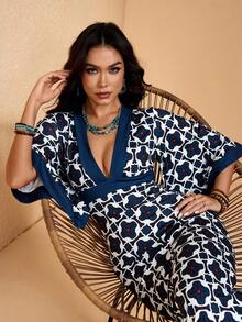 JIAN LASALA Đầm maxi ôm sát người nữ, in họa tiết toàn thân, phối màu khối, cổ chữ V sâu, tay loe, phong cách boho thường ngày thanh lịch. - Nhiều màu - Xem 7