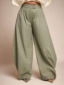 Vixey Cuffed Hem Pleated High Waist Baggy Harem Office Pants - Army Green - View 2