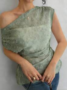DAZY 女士优雅蕾丝不对称荷叶边不对称领口衬衫，夏季 - 綠色 - 查看 3