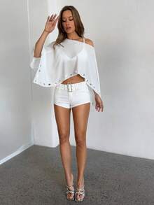 Aloruh Women's Spring/Summer New Chiffon Studded Asymmetric Wrap Shirt - White - View 3