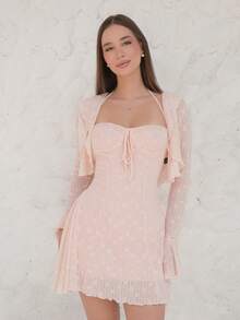 Duda Rubert 2 件套女士秋冬时尚蕾丝花边吊带背心和蕾丝领收腰 A 字迷你连衣裙套装 - 粉色 - 查看 6