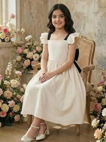 SHEIN Tween Girl Elegant White And Black Contrast Bow Mini Dress, Tween Girl Summer Birthday Party Dress, Ruffle Strap Cap Sleeve Backless Casual Dress - Black and White - View 6