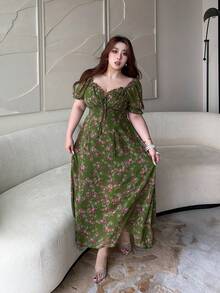 Vibekara Đầm nữ cỡ lớn thanh lịch và gợi cảm cổ chữ V, thắt eo, thích hợp cho các buổi đi chơi và mặc hàng ngày, mùa hè. - màu xanh lá - Xem 3