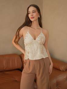 Duda Rubert 女式亮片拼接露背吊带背心，夏季时尚 - 杏色 - 查看 4