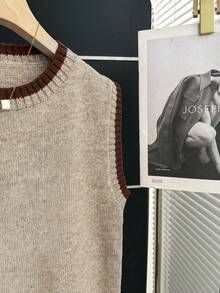 SHEIN Franclia 撞色针织背心，V领撞色滚边，宽松版型，柔软针织面料，撞色设计，活泼甜美复古风，适合春季叠穿、校园约会、日常穿着，百搭单品，撞色设计不单调，宽松版型显瘦，韩式软妹休闲风，内搭衬衫更添甜美，搭配百褶裙更显甜美，搭配牛仔裤更显甜美酷感 - 摩卡棕 - 查看 7