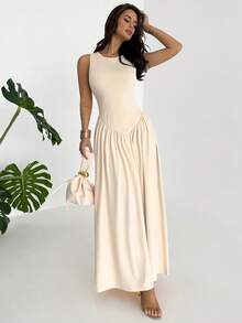 Firerie 女士优雅简约日常穿搭独特纯色短袖修身立领不对称A字腰长裙 - 杏色 - 查看 9