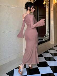 DAZY Elegant Solid Color Asymmetric Ruched Butterfly Decor Fishtail Midi Dress For Women, Autumn Sundress - Pink - View 3