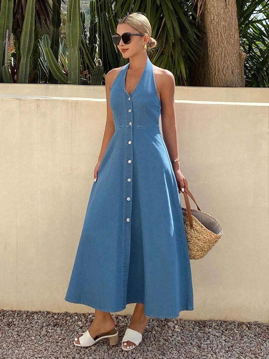 DAZY Women's Casual Washed V-Neck Sleeveless Denim Dress, Summer - Medium Wash - View 1