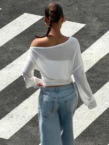 Muchica 女士白色网眼印花单肩T恤 - 白色 - 查看 2