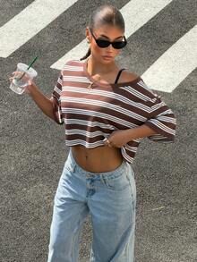 Muchica 女士休闲条纹圆领短款T恤，夏季 - 彩色 - 查看 3