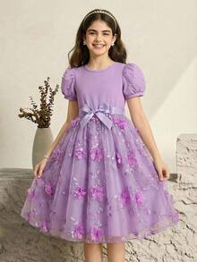 Glamorique Kids 女童珍珠袖3D立体花卉优雅夏季连衣裙，配腰带 - 紫色 - 查看 10
