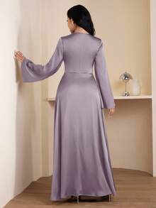 Veilorie Women's Solid Color Pleated Elegant Cinched Waist Dress, Suitable For Dates And Parties - Mauve Purple - View 2