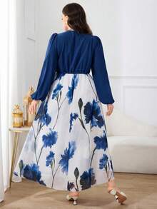 Vestido de talla grande para mujer 2026 de nuevo estilo elegante con estampado floral, mangas de farol y cintura ceñida, estilo resort - Azul - Ver 2