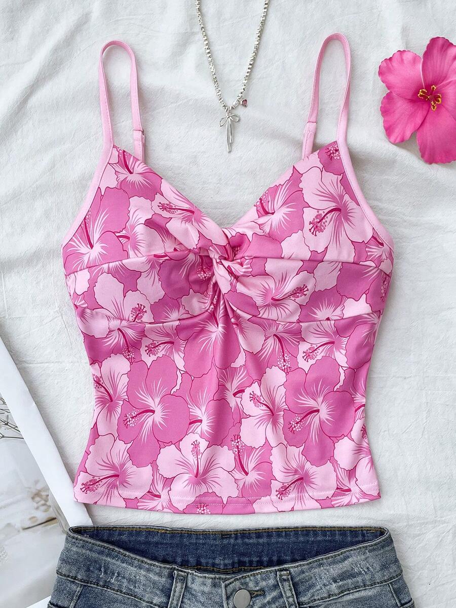 少女夏季休闲度假扭结印花吊带背心 - 粉色 - 查看 1