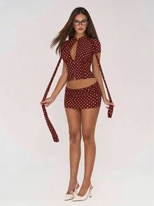 Sweetina Polka Dot Mesh Print Hollow Cardigan Top And Mini Bodycon Skirt 2 Piece Set For Women - Burgundy - View 8