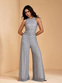 JIAN LASALA 全身印花网纱无袖阔腿女式连体裤 夏季度假波西米亚风优雅沙滩休闲装 - 黑與白 - 查看 4