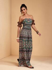 JIAN LASALA Bộ jumpsuit không dây vai, tay bồng, ống rộng, in họa tiết toàn thân, phong cách Bohemian, thường ngày, thích hợp cho du lịch hoặc nghỉ dưỡng. - Nhiều màu - Xem 5
