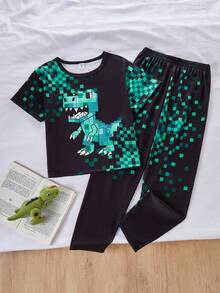 Tween BoyFashionable Cute Dinosaur Mosaic Print Short Sleeve & Pants Pajama Set Boys Lounge Set Boys Gaming Shirts Boys Sleepwear - Green - View 10