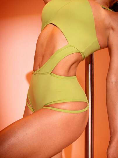 Menodora SHEIN Sport Bộ áo liền quần cổ yếm khoét rỗng màu trơn dành cho nữ, thích hợp cho múa cột.