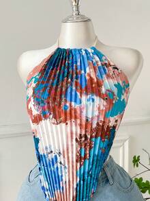 SHEIN Comfortcana Camiseta de tirantes finos asimétrica con pliegues y estampado de pintura al óleo romántica de primavera, talla grande - Azul - Ver 4