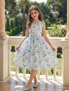 Elladie kids Girls' Elegant Ditsy Floral Sleeveless Waist Cinched Asymmetrical Hem Dress, Suitable For Casual, Vacation, Holiday, Party, Birthday And Other Occasions, Summer Kids Jacquard Dresses Blue Dresses 7 8y Kids Casual Aline Sleeveless Dresses Kids Frocks Blue Floral Dress Girls Girls Jacquard Dresses - Blue - View 10