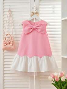 Souflis Souflis 1pc Girls Bowknot Patchwork Dress, Summer - Pink - View 3