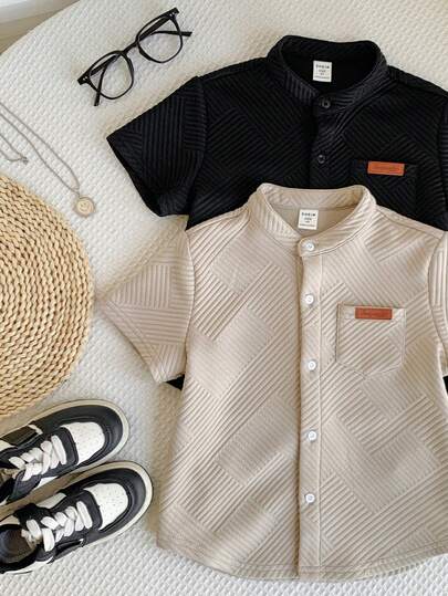 SHEIN 2pcs Young Boys' Casual Korean Style Clean Color Collared Loose Woven Shirt, Textured Fabric, Suitable For School, Home, Vacation, Sports, Spring & Summer