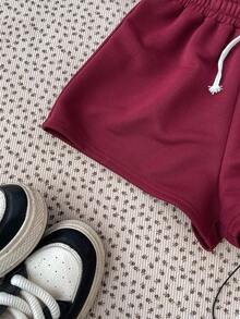 SHEIN 女童大童針織酒紅色抽繩收腰刺繡數字休閒短版上衣運動短褲運動服套裝 - 酒紅色 - 查看 5