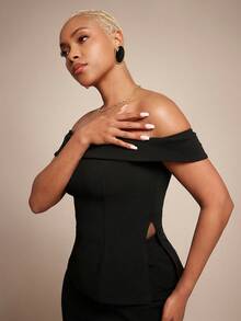 Vixey Textured Knit Off Shoulder Seam Detail Side Slit Top - Black - View 2