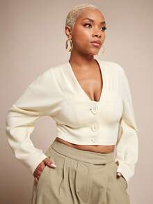 Vixey 纯色V领茧型长袖收腰外套 - 杏色 - 查看 3