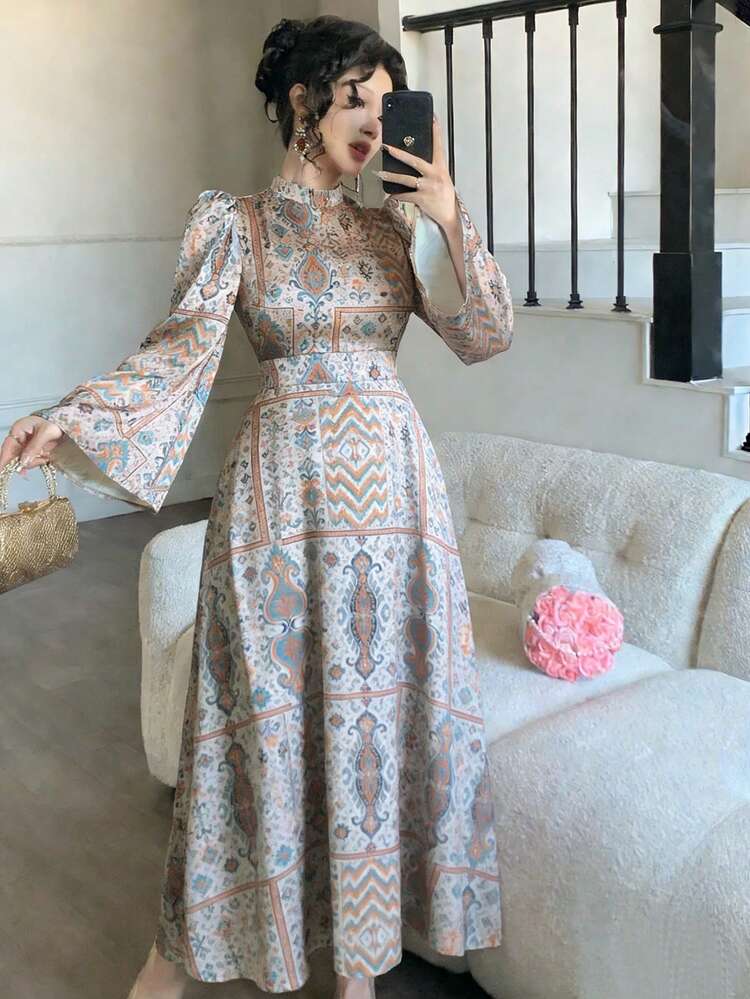 Women's Elegant Floral Print Stand Collar Petal Sleeve Tie-Waist Dress, Spring/Summer Sundress