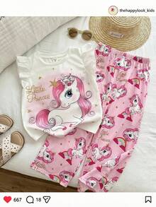 THE HAPPY LOOK 2pcs/Set Young Girl Cartoon Pattern Knit Soft Round Neck Ruffle Sleeveless Top And Elastic Waist Pants - Multicolor - View 9