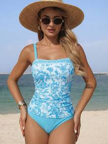 Swim Lushoire 女士优雅吊带比基尼上衣，印花图案，波西米亚风格，适合夏季海滩度假 - 薄荷藍 - 查看 4