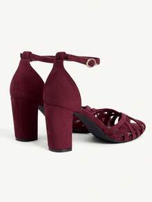 CUCCOO CHICEST 女士鞋履春夏新款镂空编织露趾圆头粗跟后跟带扣包8.5厘米女士高跟凉鞋绒面革纯色优雅百搭日常约会女鞋 - 酒紅色 - 查看 5