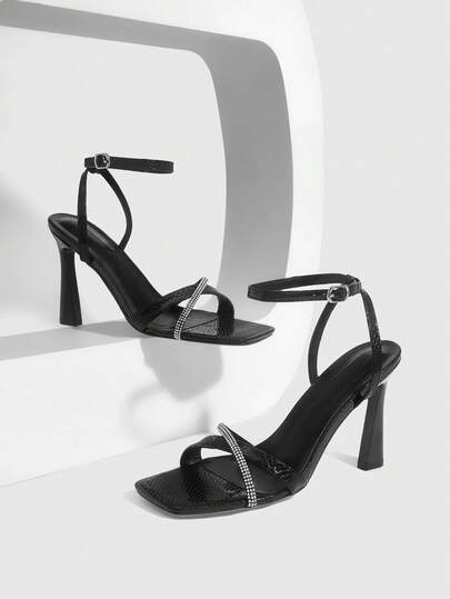 CUCCOO SZL Sandalias de tacón alto para mujer con tira delgada negra con cinturón de strass, punta cuadrada, tiras de tobillo, estilo simple, elegante y sexy para fiestas y discotecas